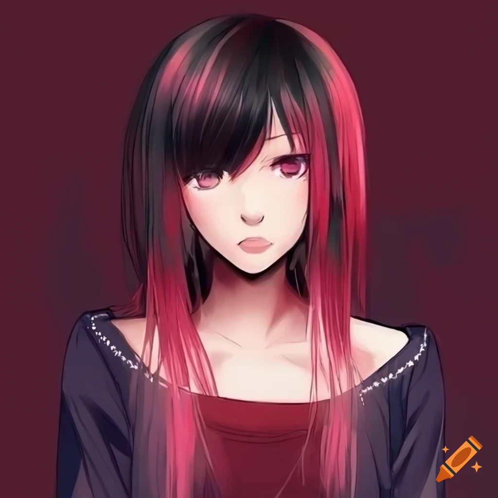anime girl with eye-covering bangs hairstyle and red-black ombre hair