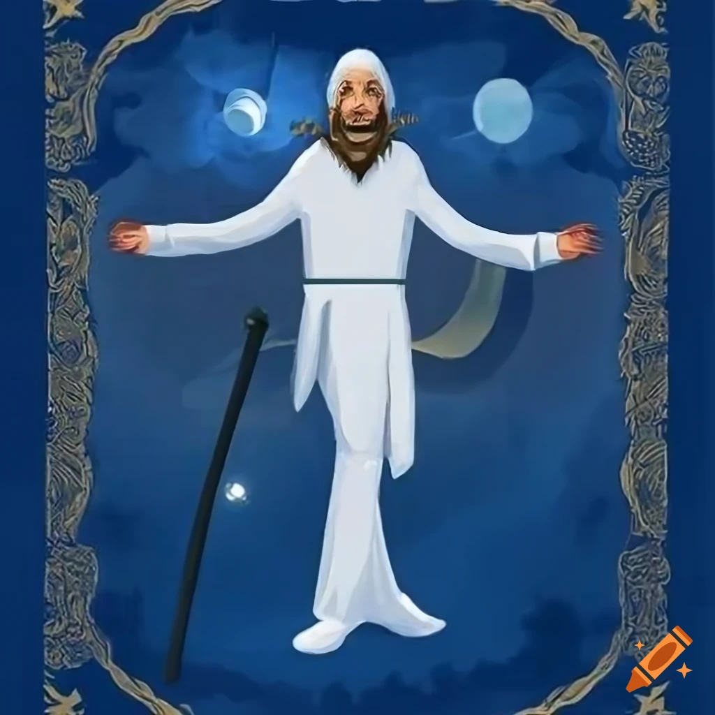 tarot card of a tall man with a white mask and a rod