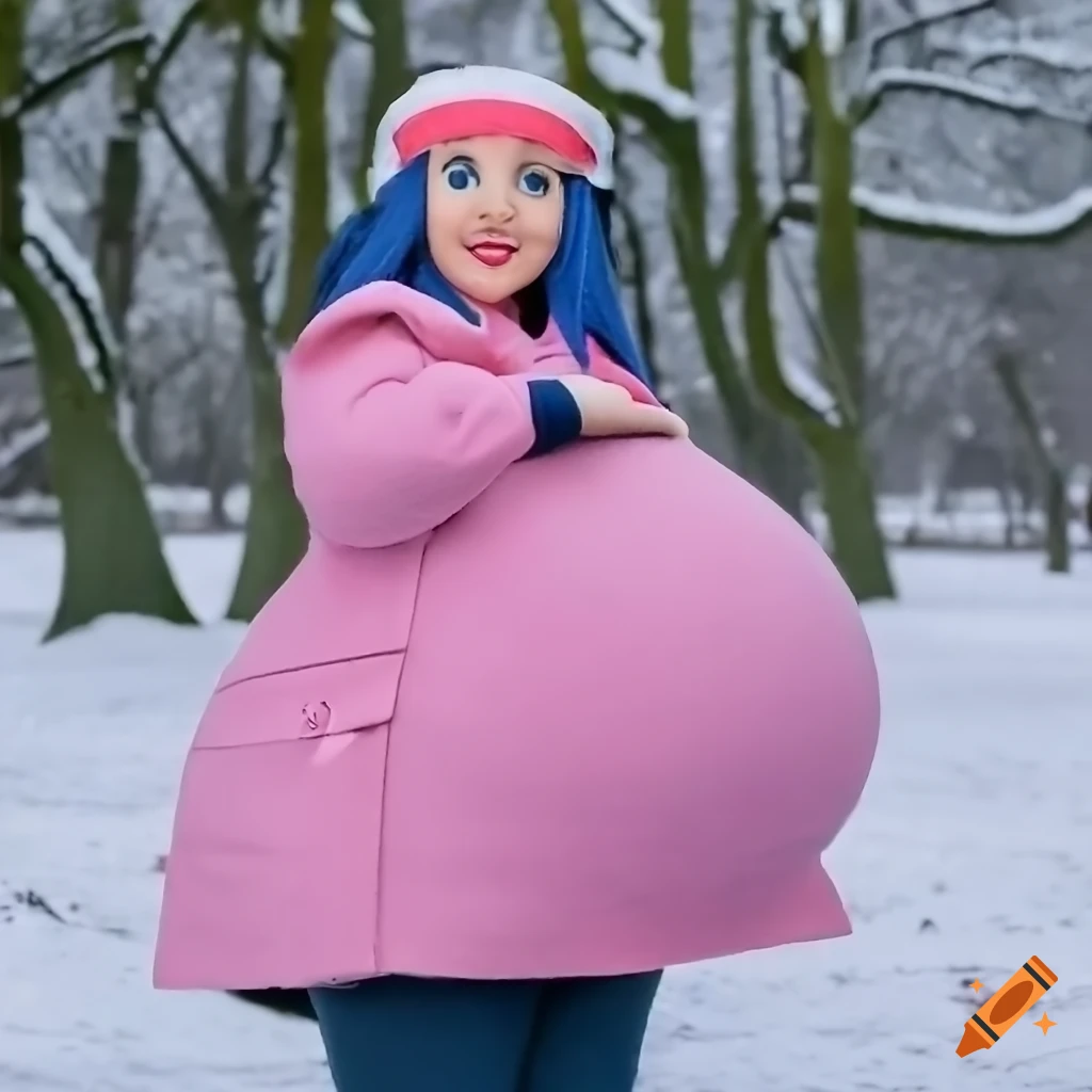 Cosplay of heavily pregnant dawn from pokemon platinum in a snowy field
