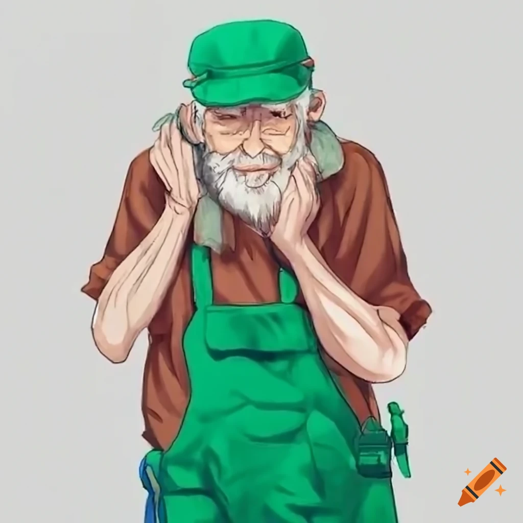 photo of an old tired handyman in green overalls