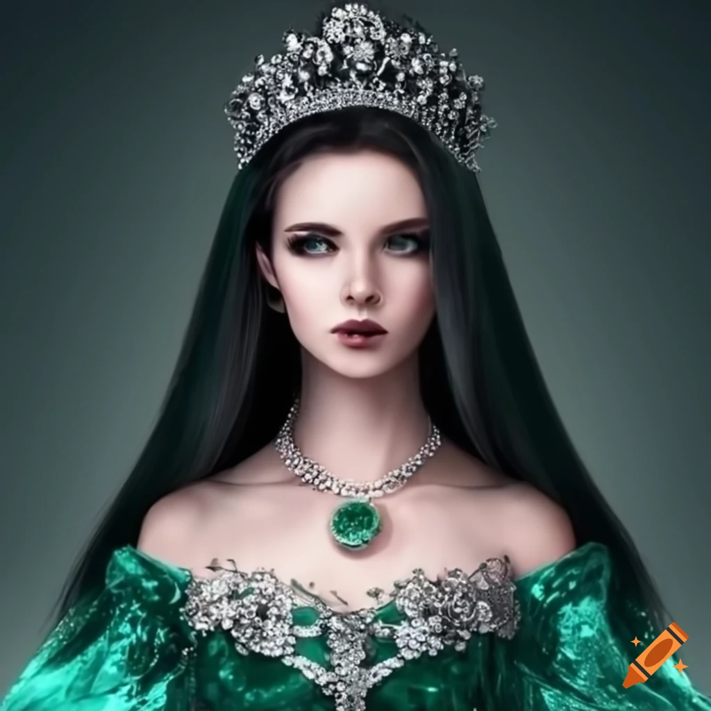 Portrait of a dark-haired princess in a green sequin dress on Craiyon