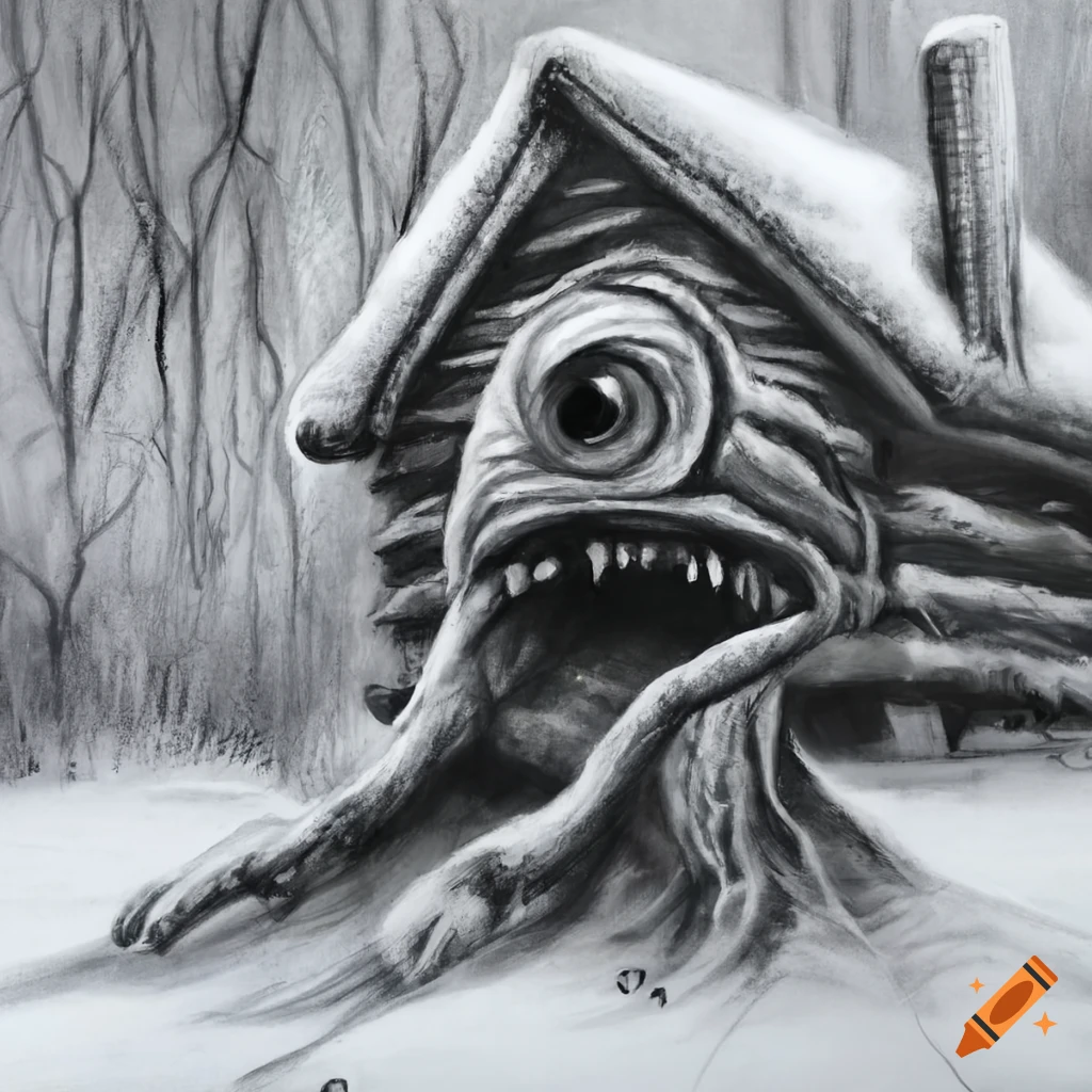 Charcoal art of a monster near a snowy cabin on Craiyon