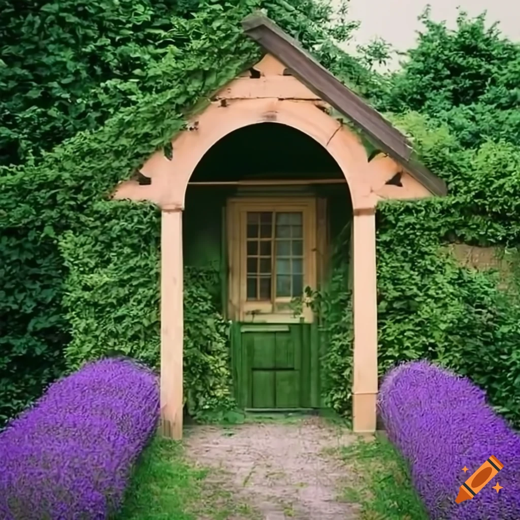 realistic frontyard garden with lavender and wooden arch