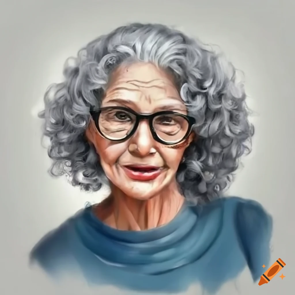 portrait of a stylish elderly woman with grey curly hair and glasses