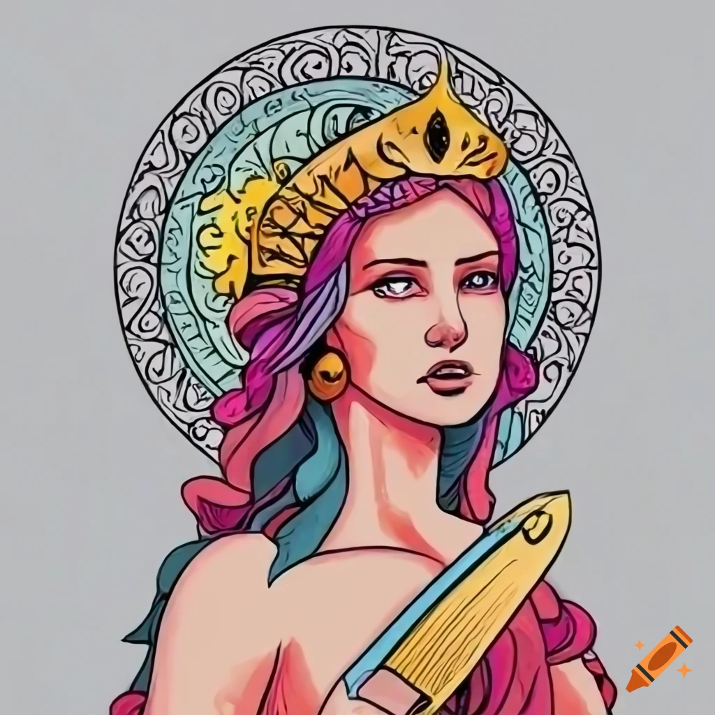 Coloring book style illustration of a greek goddess with a torch and