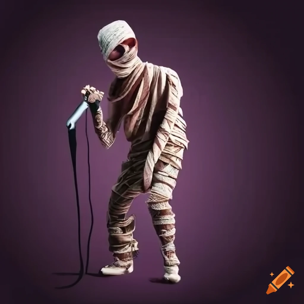 hip-hop mummy with a backward hat holding a microphone