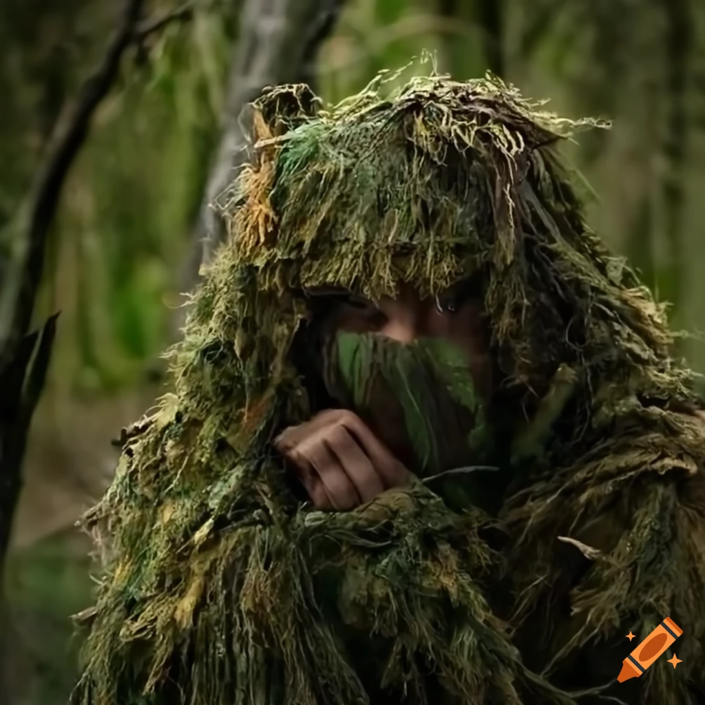 A south american man wearing a full ghillie suit on Craiyon