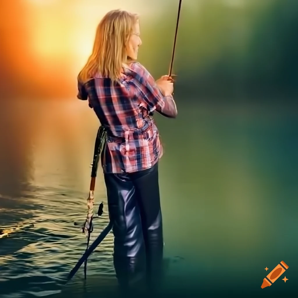 Mary-kate olsen fishing in plaid shirt and leather trousers
