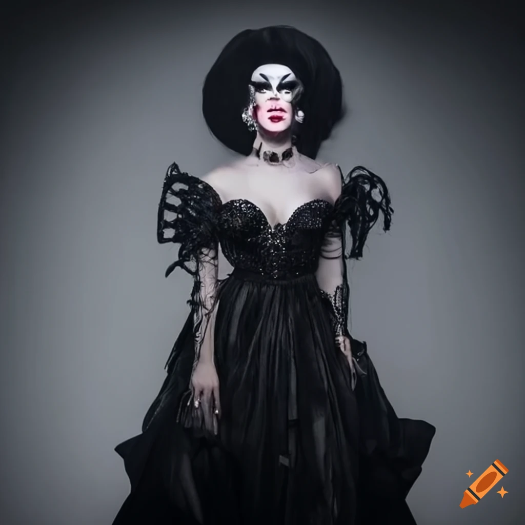 drag queen in a spooky-themed runway costume