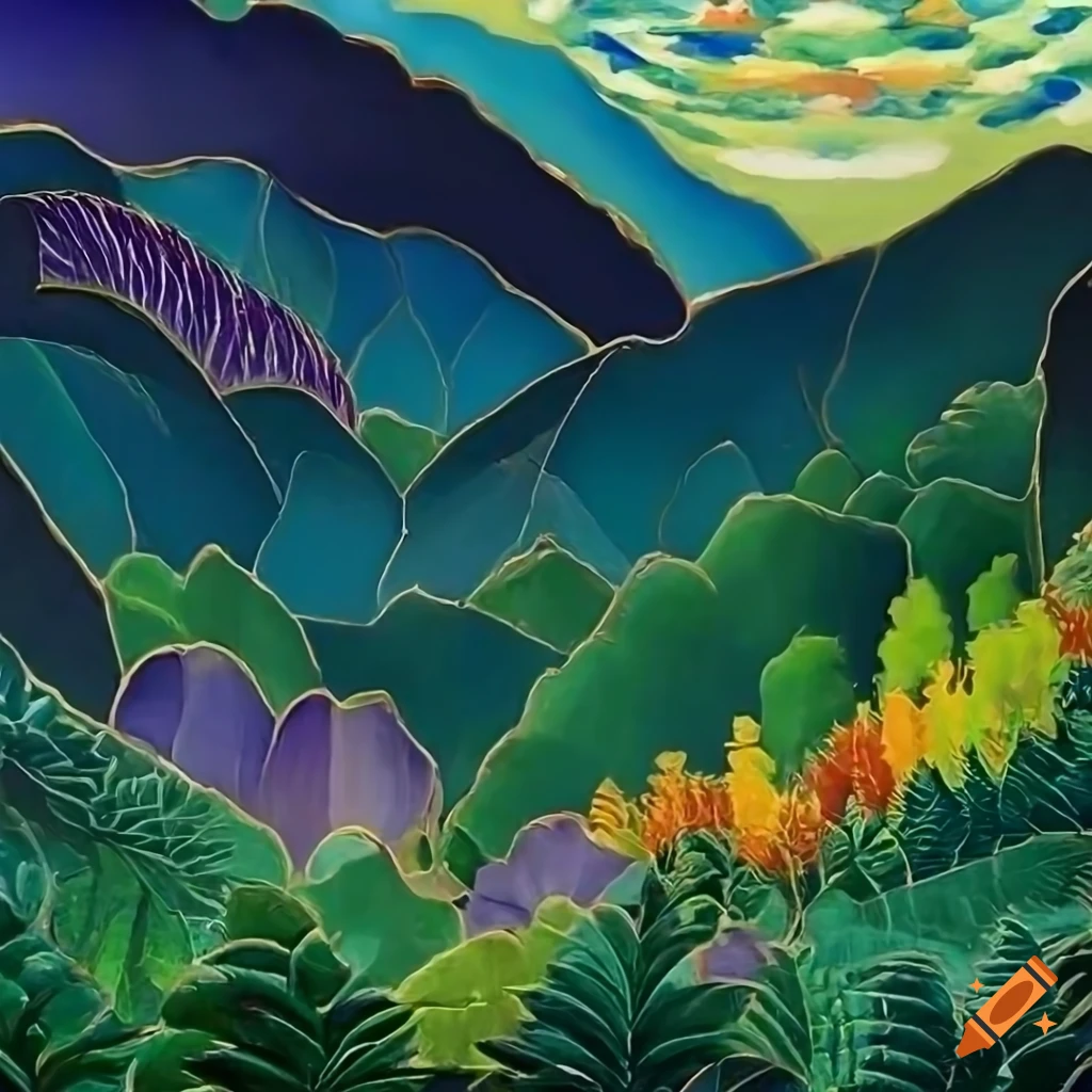 Intricate mountain valley painting by gauguin on Craiyon