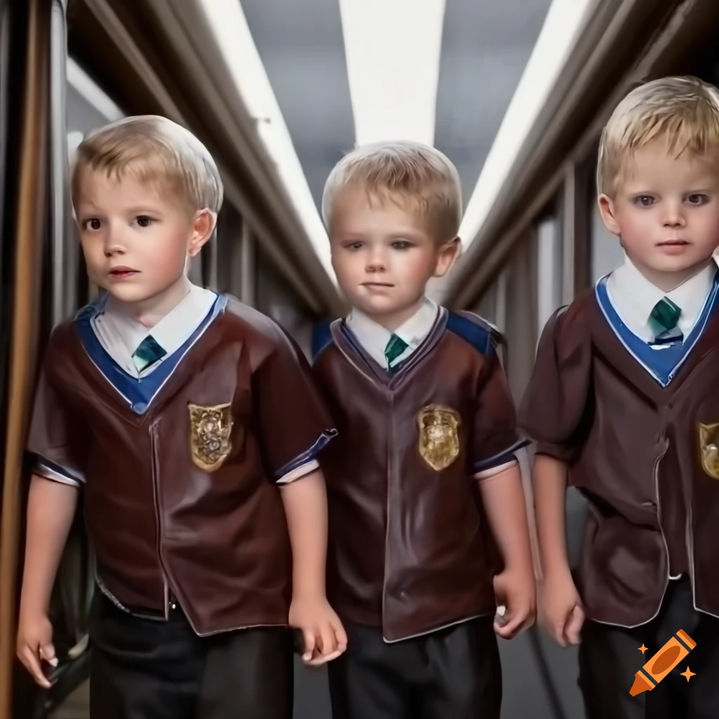 close up of four boys in leather school uniforms