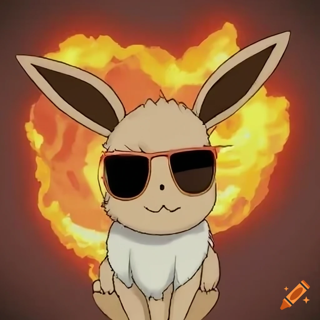 Cool eevee wearing sunglasses with explosion in the background on