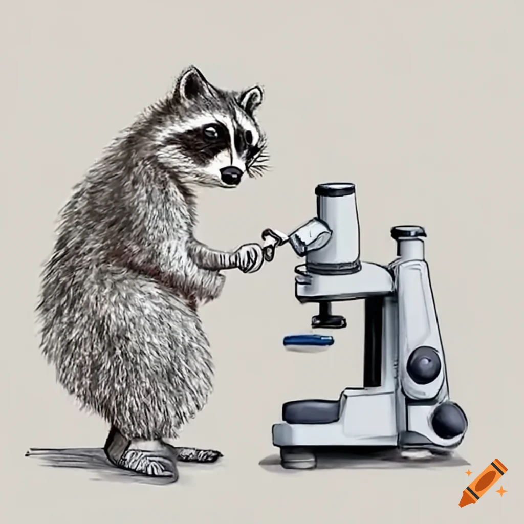 Raccoon scientist using a microscope