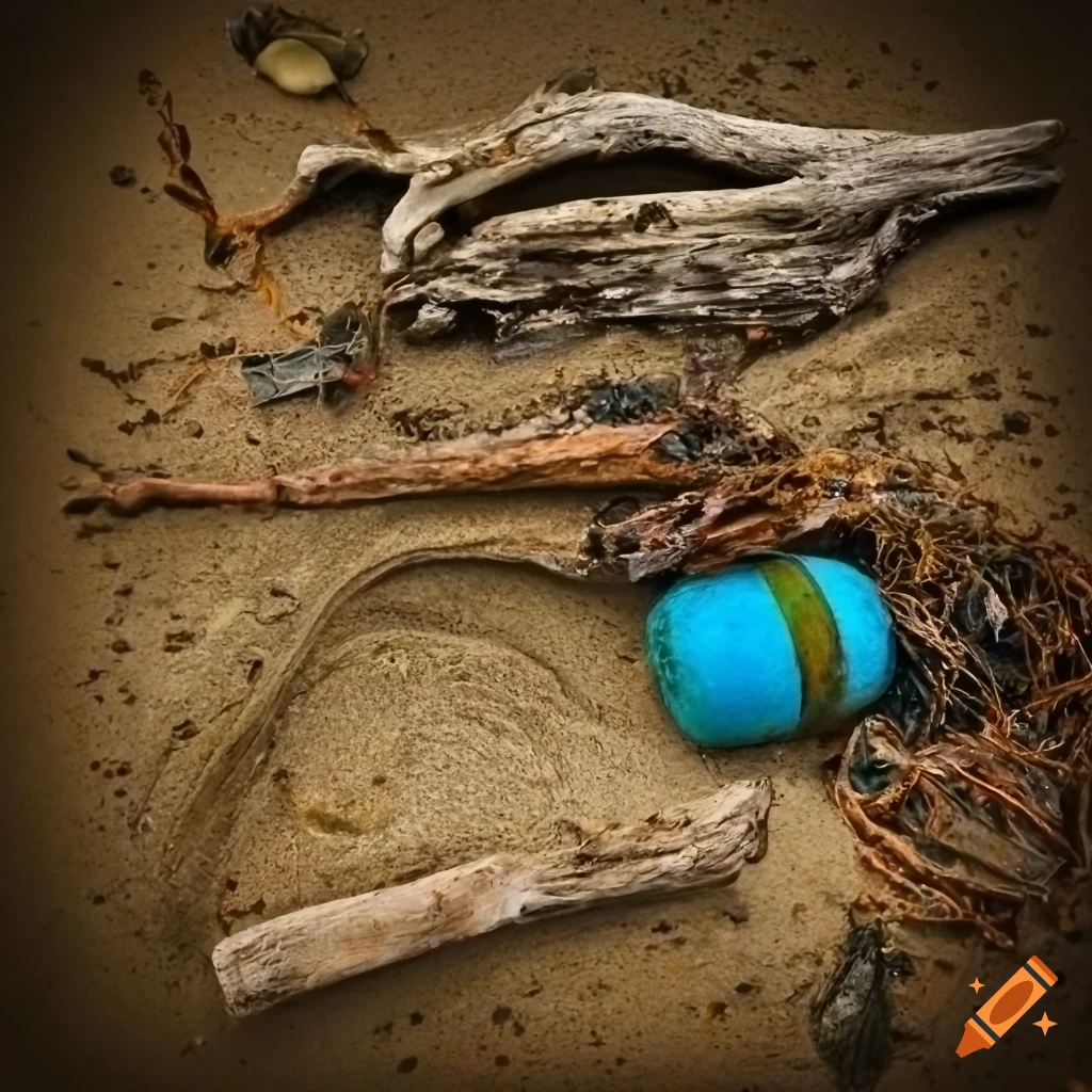 sculpture of half submerged driftwood on a sandy beach