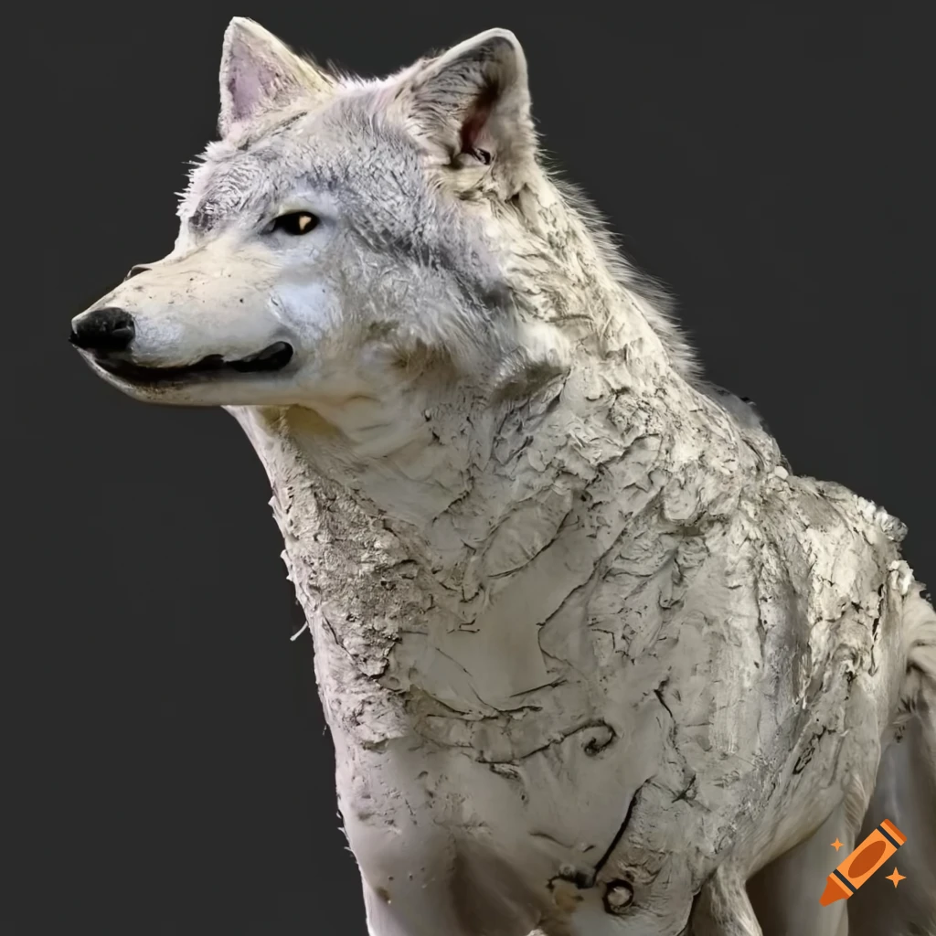 realistic depiction of a mud-covered white wolf