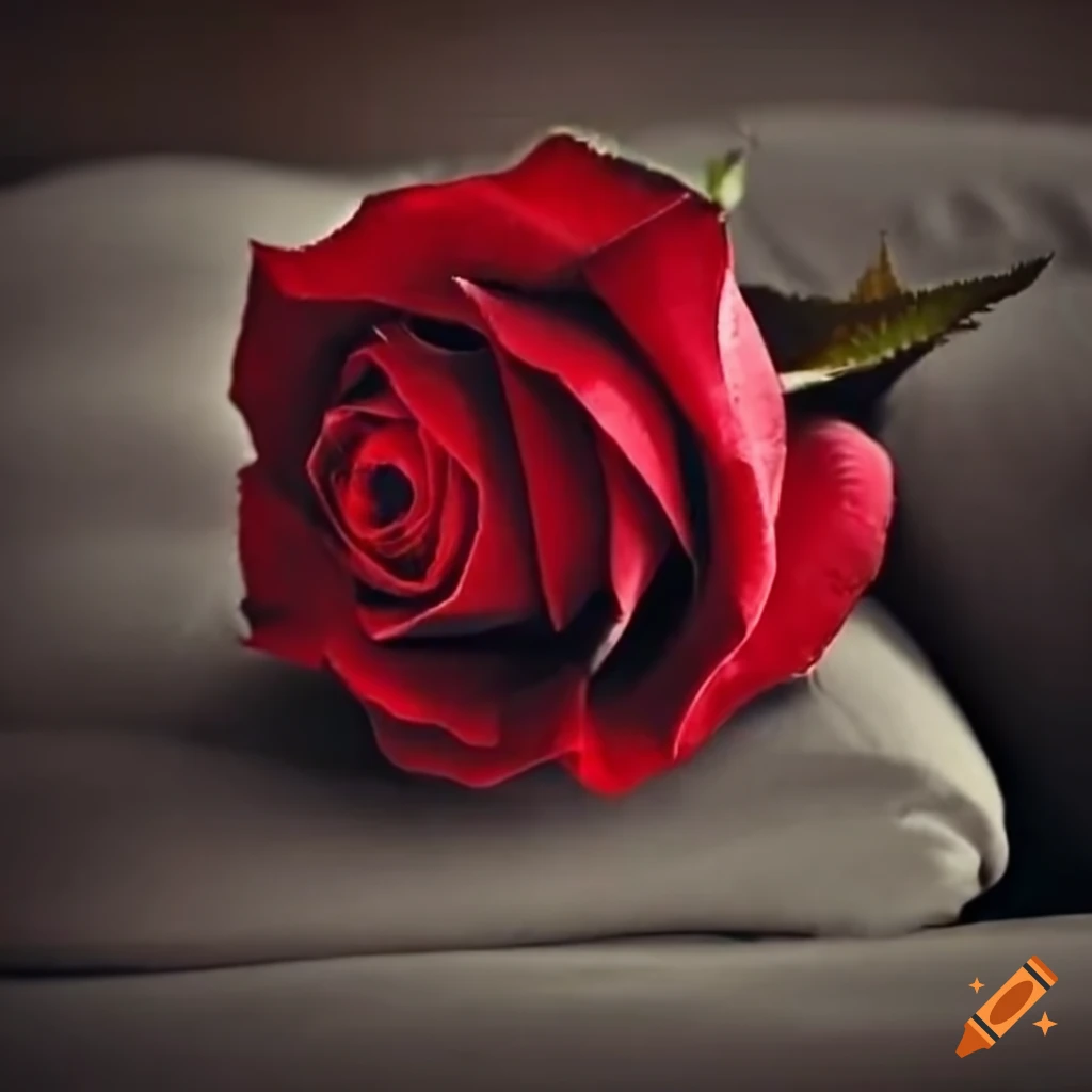 red rose on a pillow on a bed