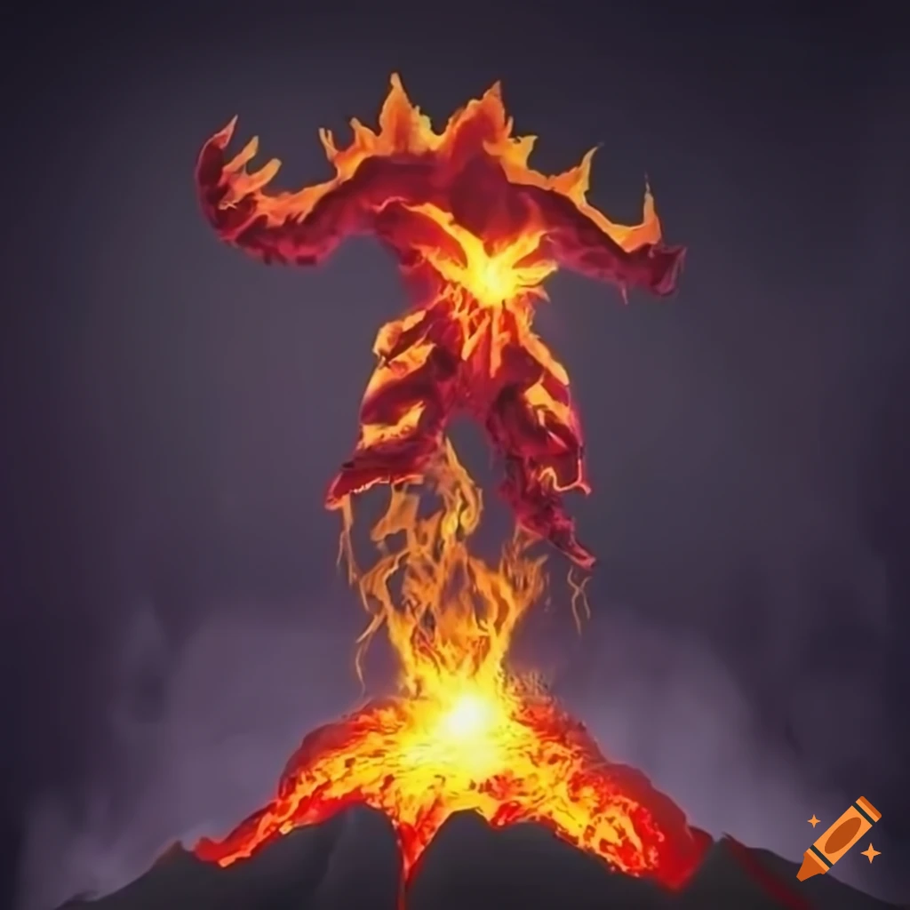 image of a fiery elemental near a volcano