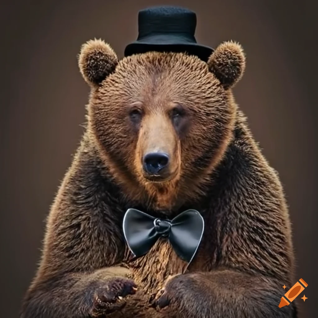 Cute brown bear with a black hat and bowtie