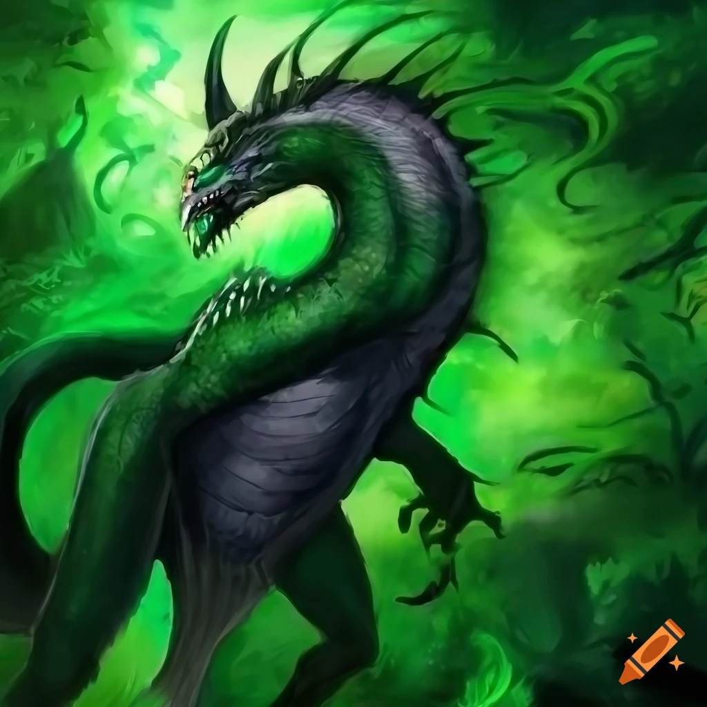 Detailed painting of a green dragon in a fantasy dungeon on Craiyon