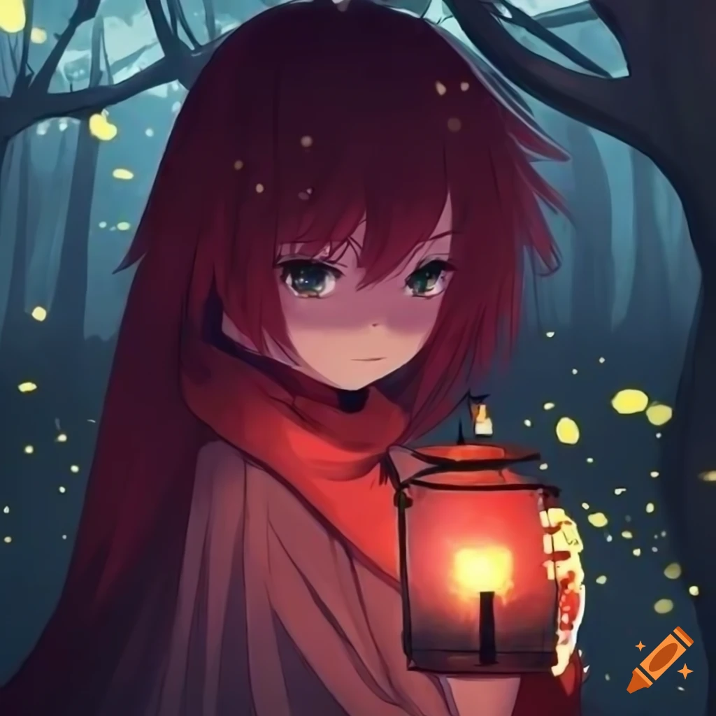 anime girl exploring dark forest at sunset with fireflies