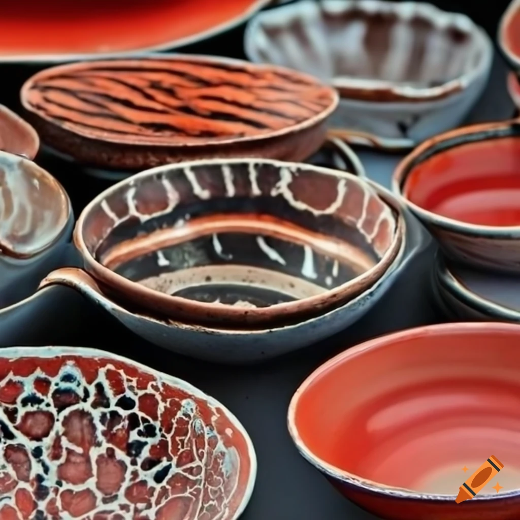 Abstract ceramic artwork with various glazes and patterns