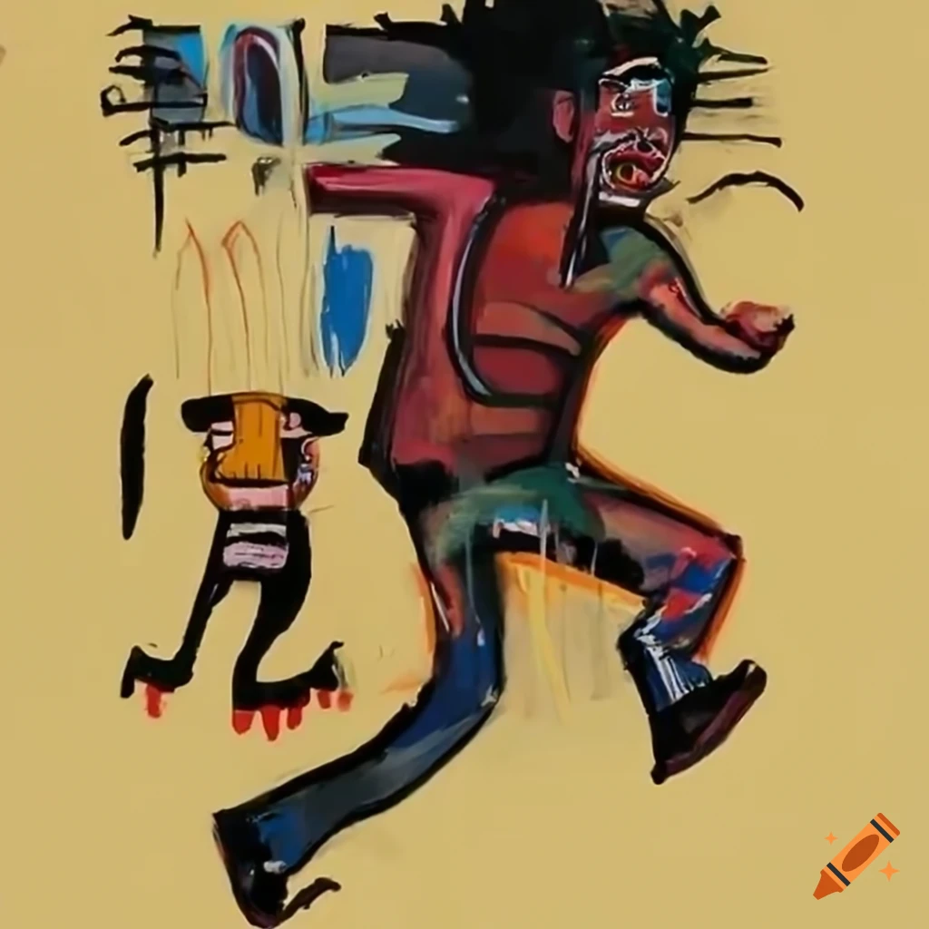 man running away from a dog in Basquiat style