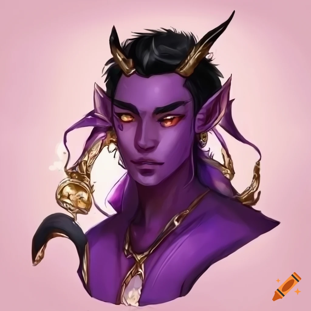 Art Of A Male Tiefling With Black Hair And Purple Shirt 2426