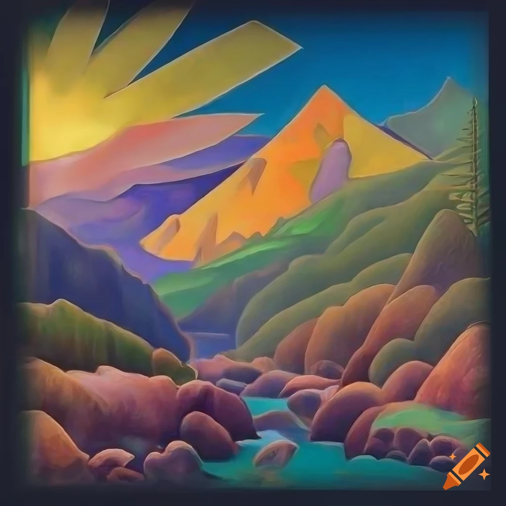 Intricate mountain valley painting with colorful details on Craiyon