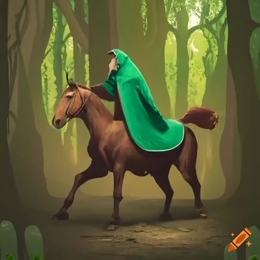 fantasy-illustration-of-a-man-riding-a-horse-with-a-bow-in-a-forest-on