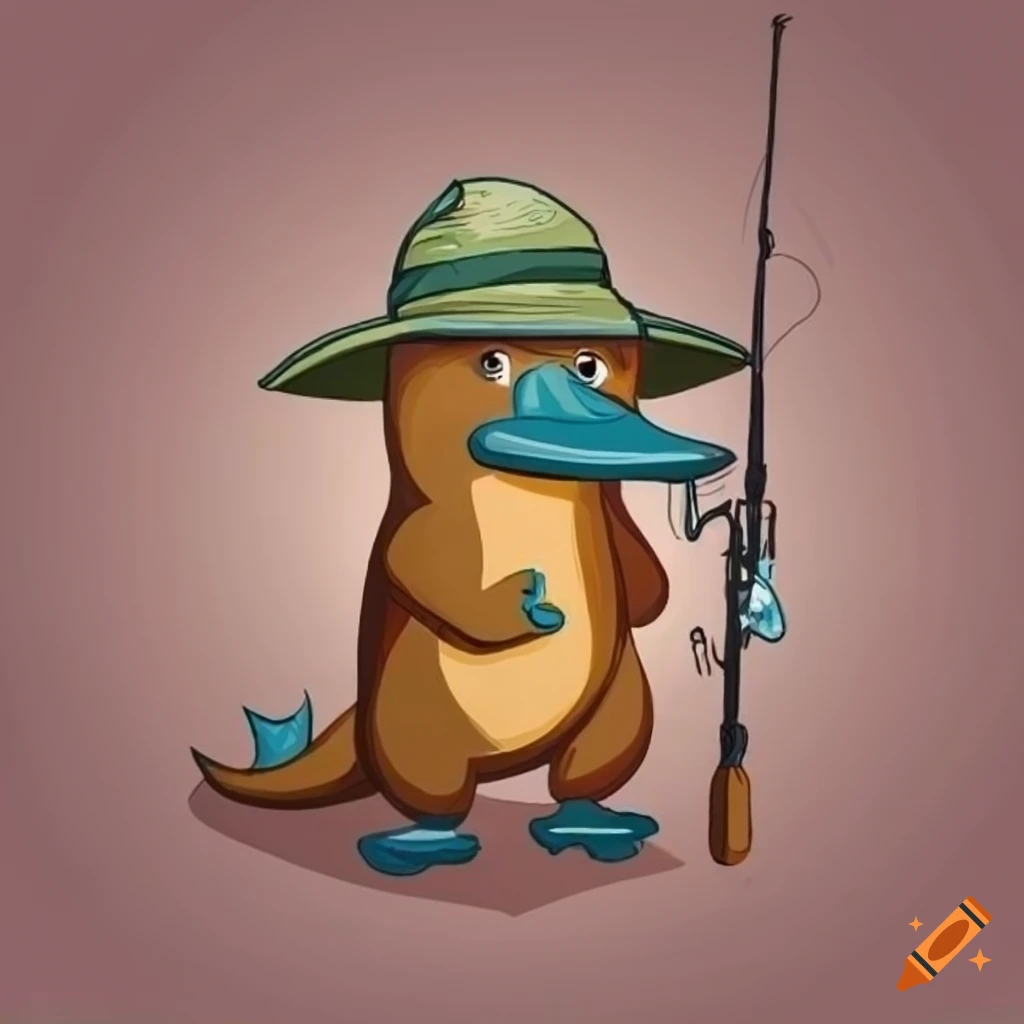 cartoon platypus fishing with a hat