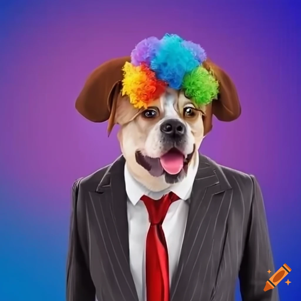 Gigantic dog wearing a clown hat and a business suit in a theme park on ...