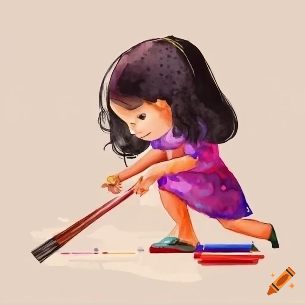 crayon art of an indonesian girl sweeping