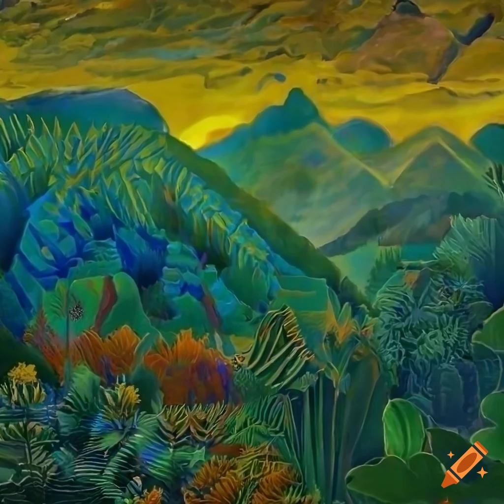 Intricate mountain valley painting with rich colors on Craiyon