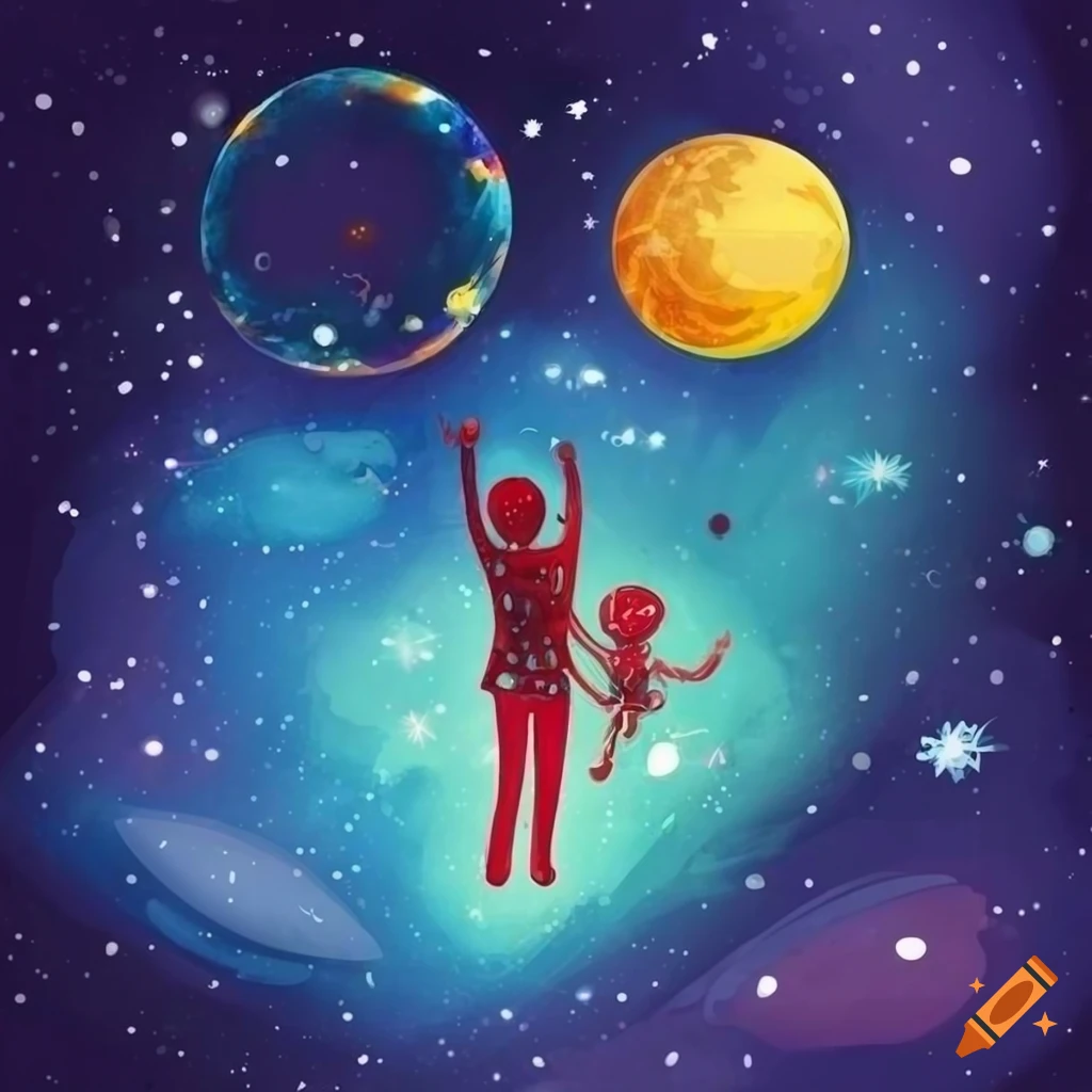 Whimsical Illustration Of A Father And Daughter Floating In Space On whimsical-illustration-of-a-father-and-daughter-floating-in-space-on
