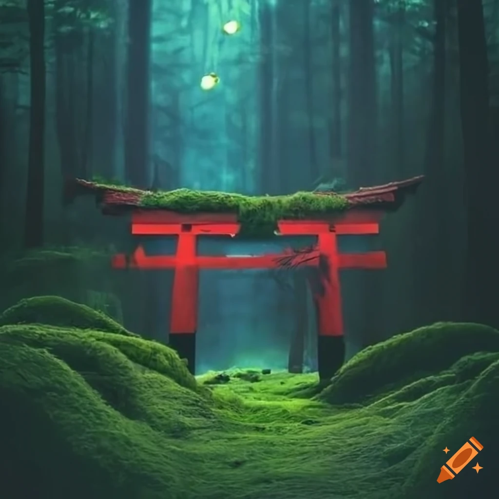 Scary japanese forest with red torii gate