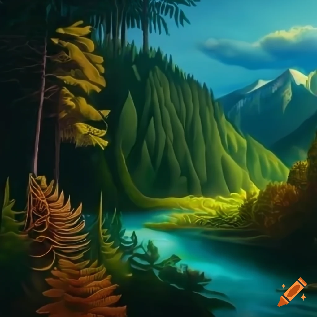 colorful mountain valley with a river and forest