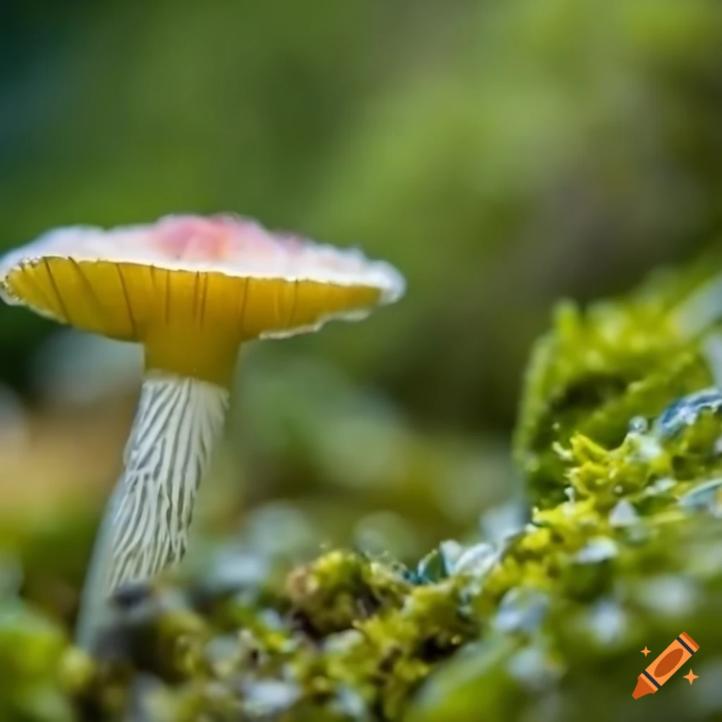 Close up of a flower surrounded by moss and mushrooms underwater on Craiyon