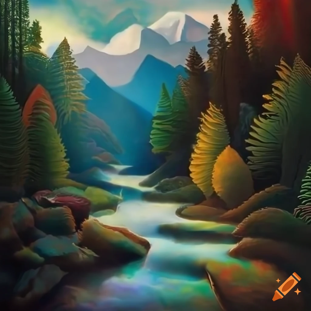 colorful mountain valley with a river and forest