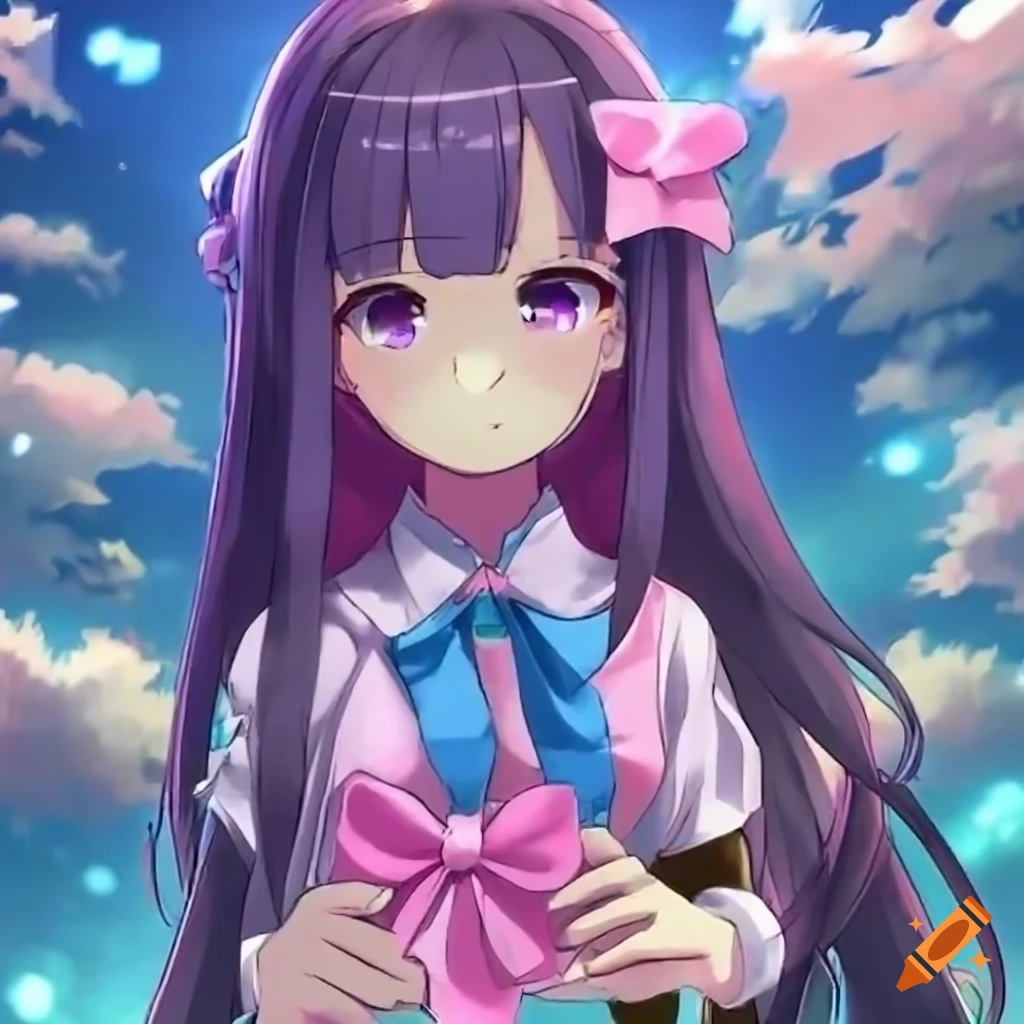 Cute anime girl with long messy black hair and blue-purple eyes on