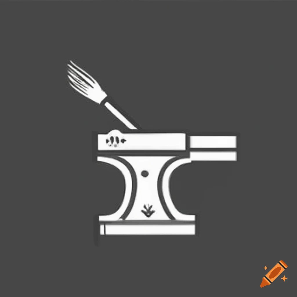 Logo design of a paint brush striking an anvil on Craiyon