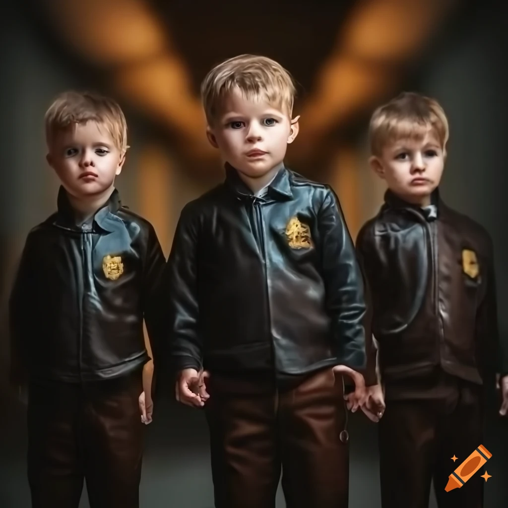 close up of four boys in leather school uniforms