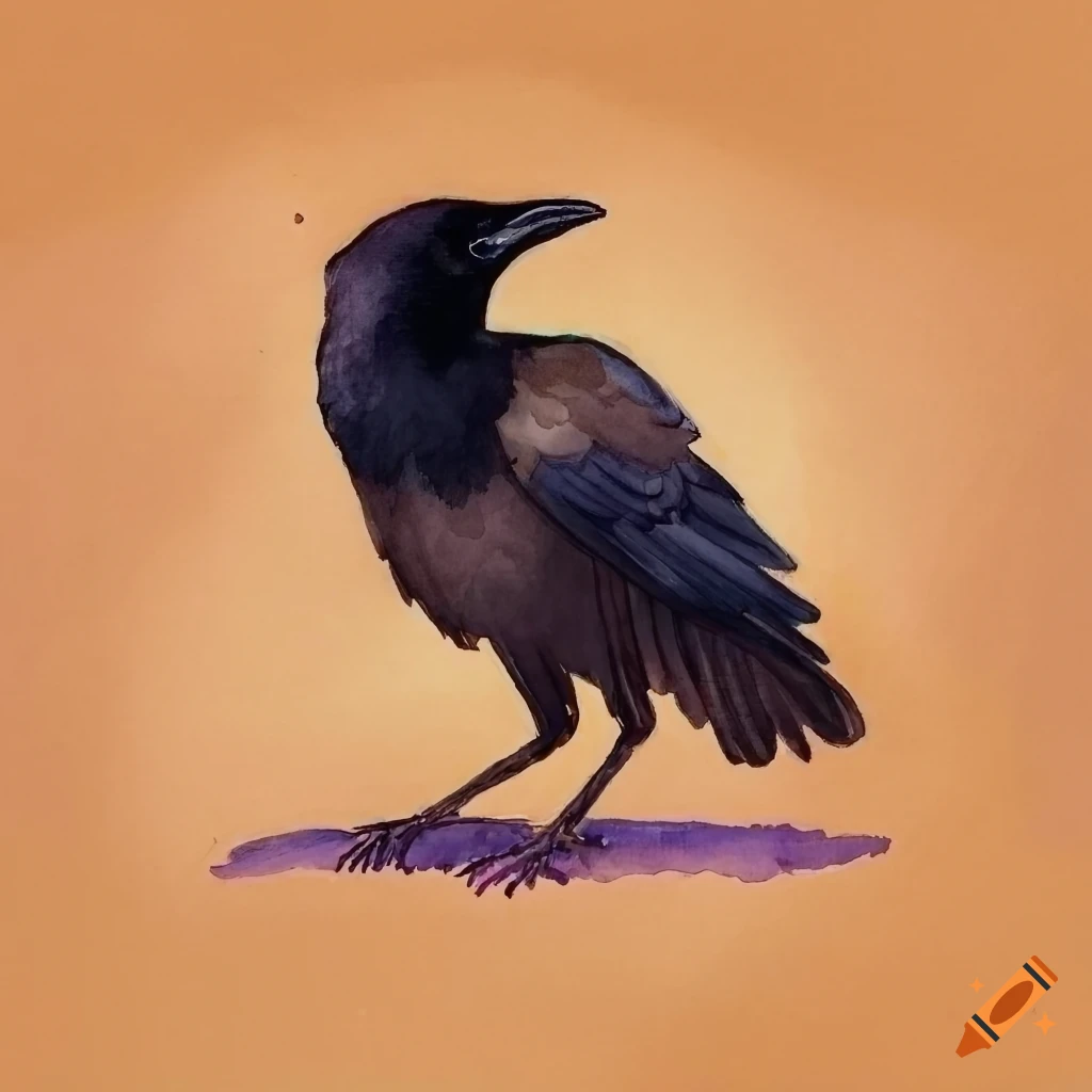 watercolor illustration of a cheerful crow on a rustic farm in the Fall