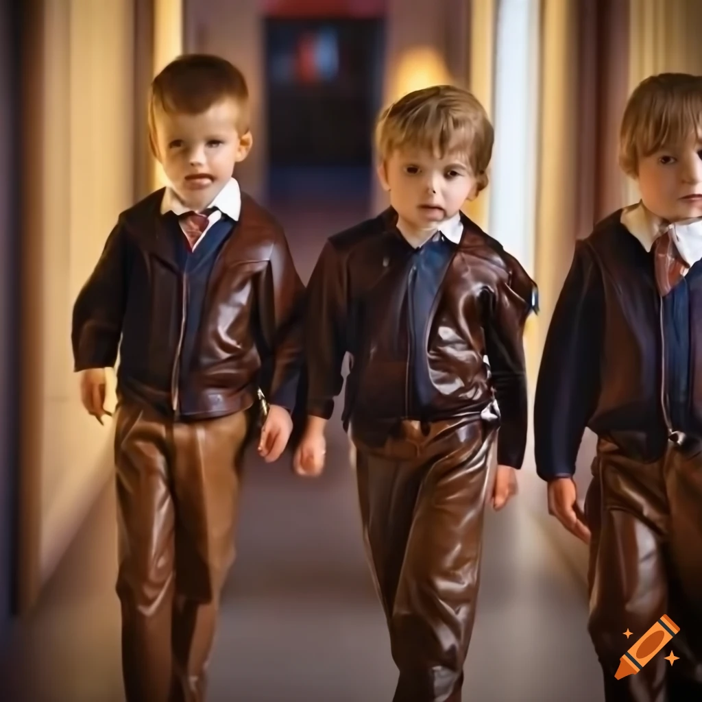 close up of four boys in leather school uniforms