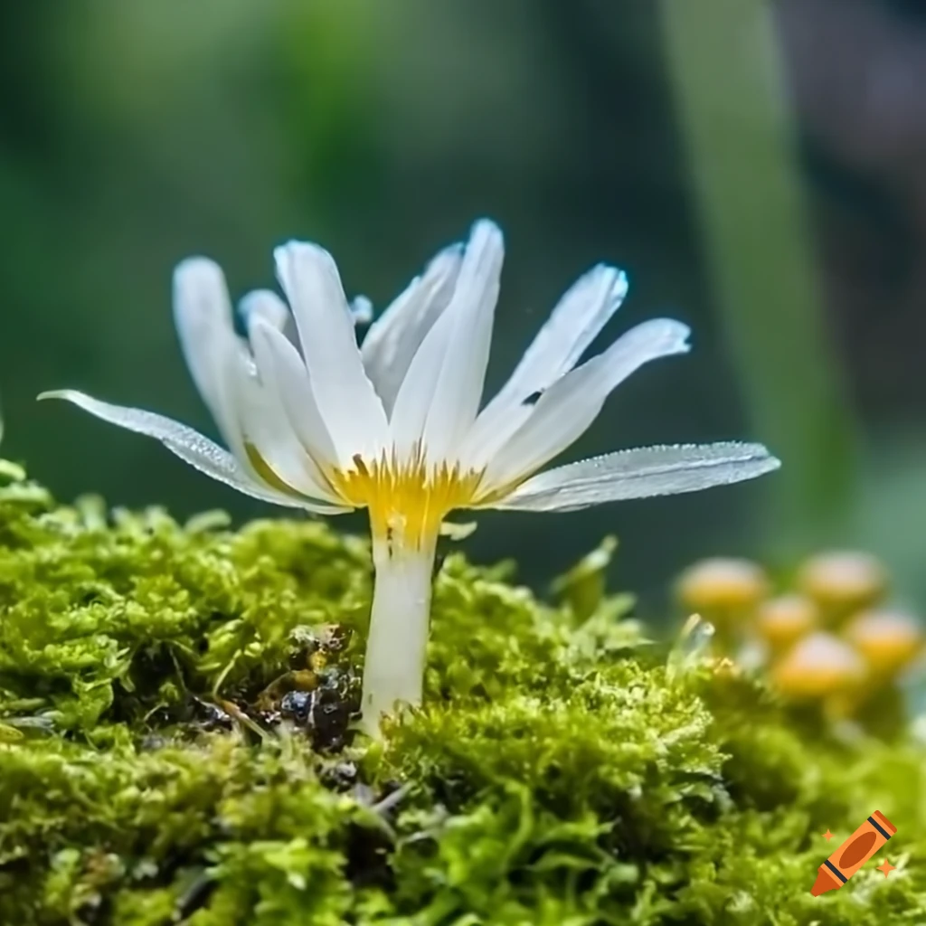 Closeup of a flower surrounded by moss and mushrooms underwater