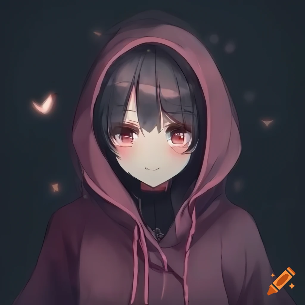 Anime girl with black hair and brown eyes wearing a dark hoodie on Craiyon