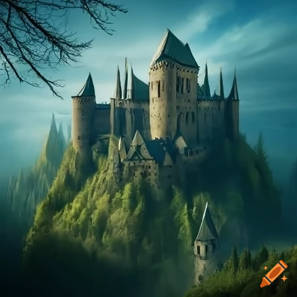 Hyperrealistic medieval castle surrounded by forest and mountains