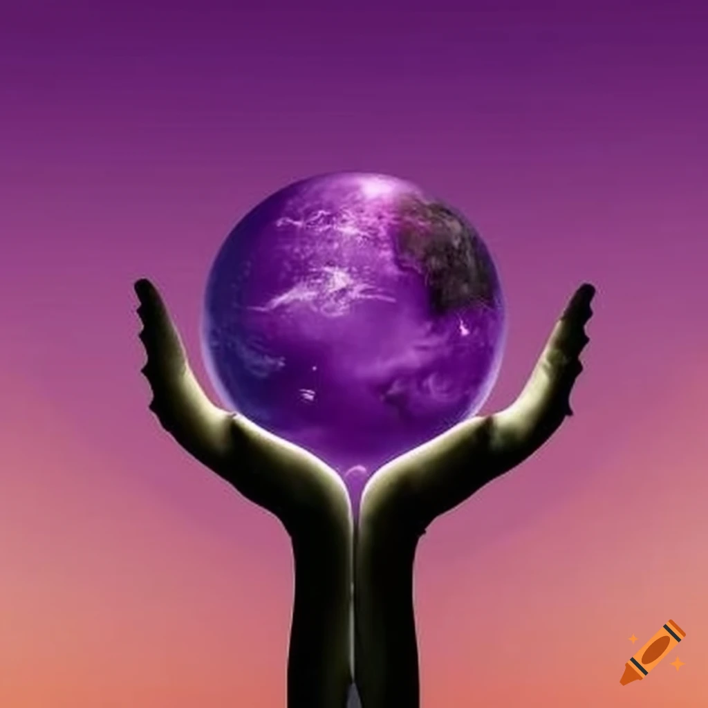 artistic depiction of hands reaching for a purple planet