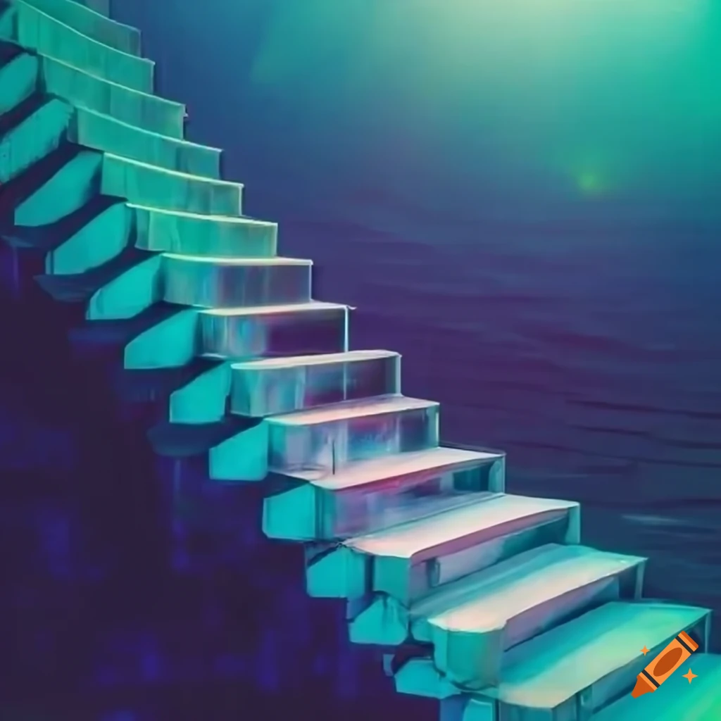 staircase in an iridescent lake with pink light
