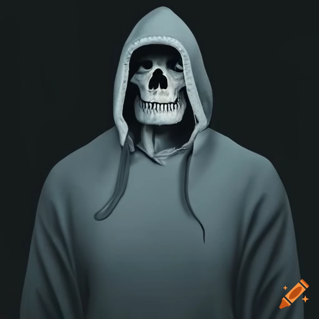 skeleton wearing a grey hoodie and a crown