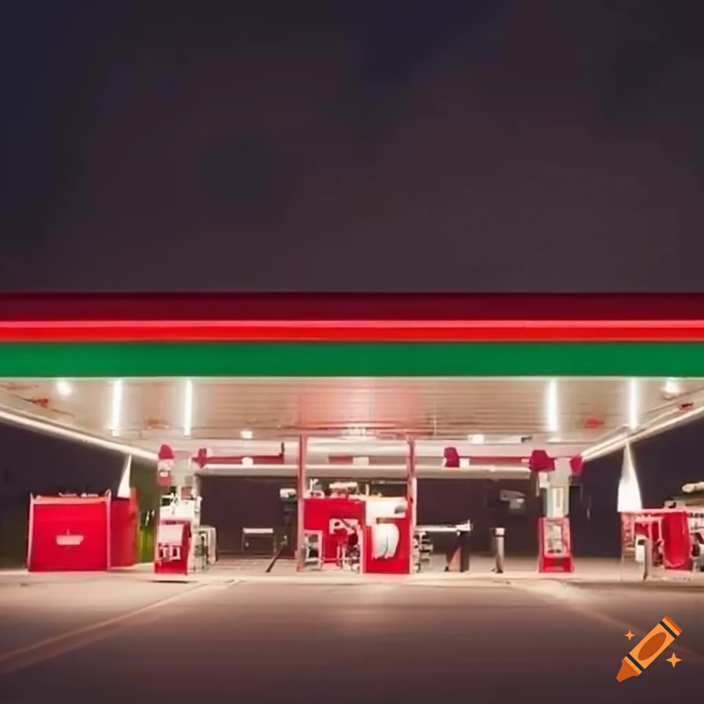 Red and white gas station with karama oil and gas logo on Craiyon